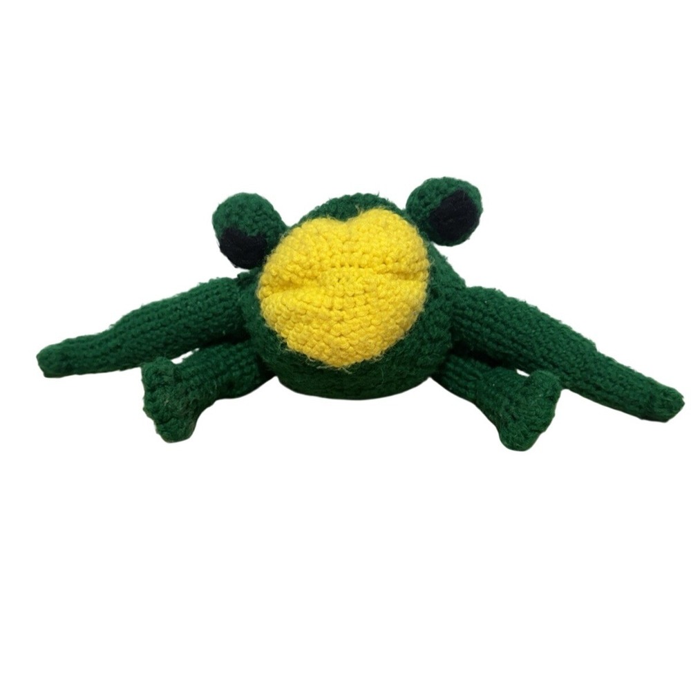 Handmade Green Crochet Frog Plush Floppy Stuffed Animal Big Eyes Sitting
